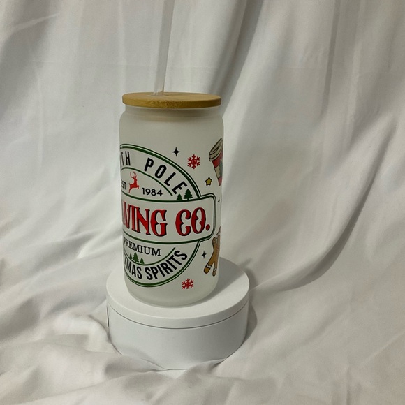 🔥SALE $15🎄16 OZ Handmade Frosted Glass Can Cup, W/Lid & Straw, Christmas Spirits - Picture 7 of 9